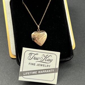 Vintage Gold Filled Locket Necklace Heart Floral‎ 14KT GF Engraved Signed TK 18"